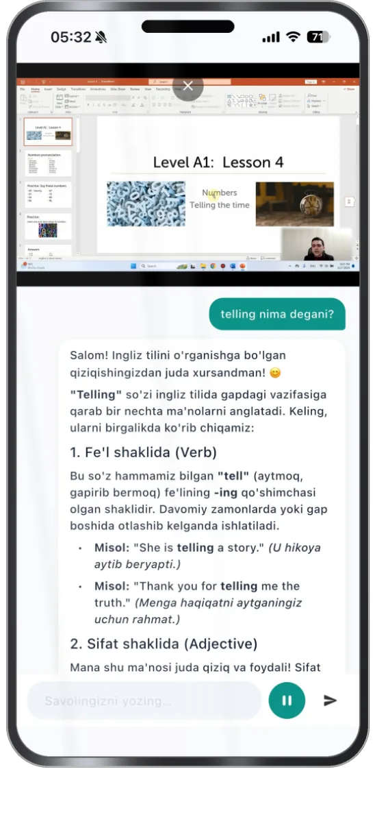 Video dars va AI yordamchi suhbati